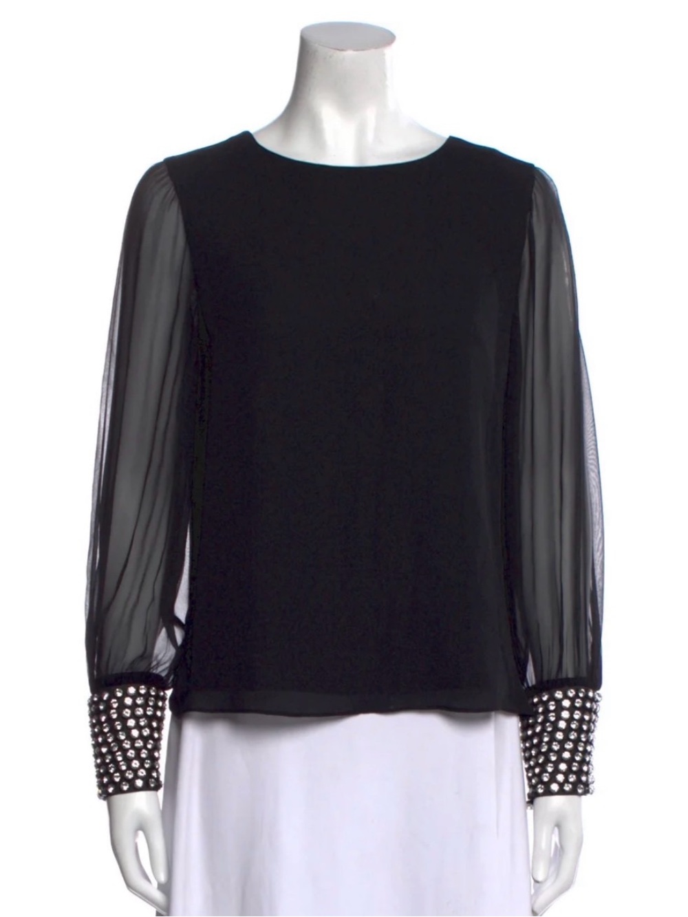 Alice and Olivia Black Sheer Sleeve Top with Crystal Studded Cuff